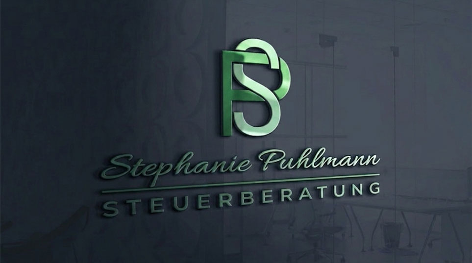 Logo in 3D von Puhlmann Steuerberatung vor dunkler Wand